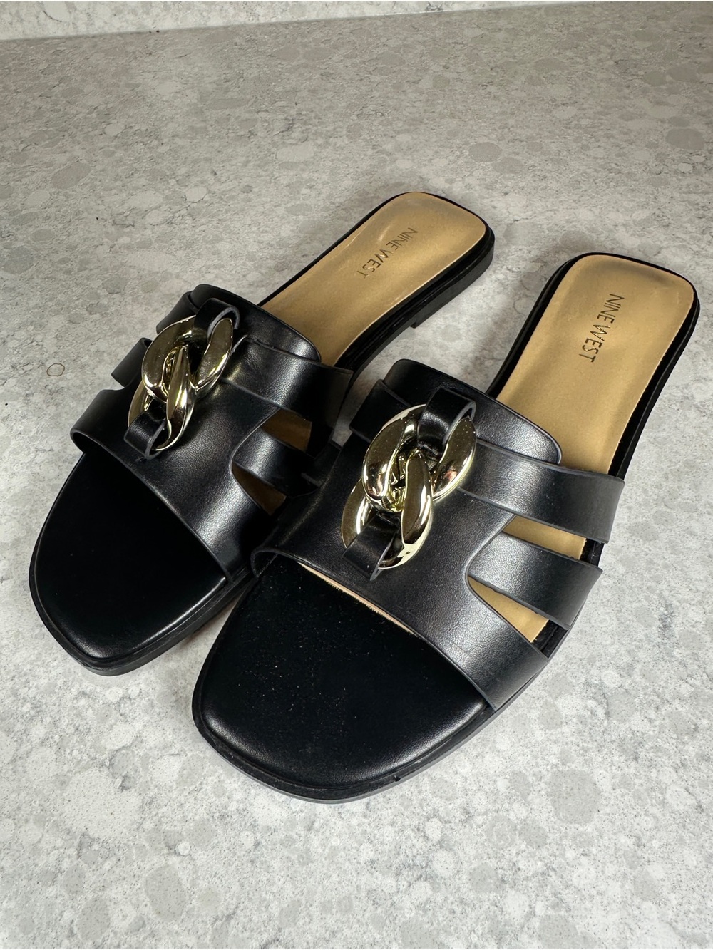 Nine West Black Leather Slide Mules with Gold Chain Detail